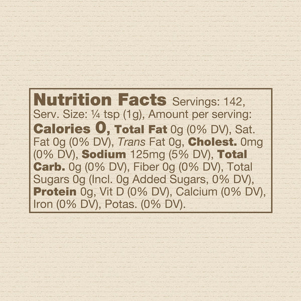 Back of the jar of Kunert Cattle Company: Burger Blend, containing the nutrition panel:
Serving size: ¼ tsp (1.0g).
142 servings per container.
Sodium, 125mg, 5% daily value.
All other nutrients + vitamins 0% daily value.