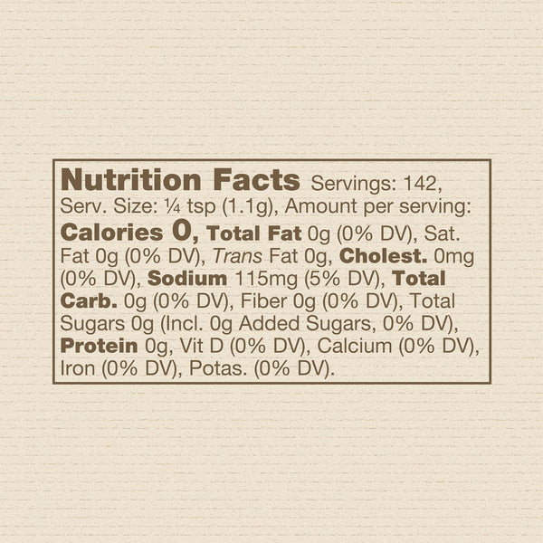 Back of the jar of Kunert Cattle Company: Rib Rub Blend, containing the nutrition panel:
Serving size: ¼ tsp (1.0g).
142 servings per container.
Sodium, 115mg, 5% daily value.
All other nutrients + vitamins 0% daily value.