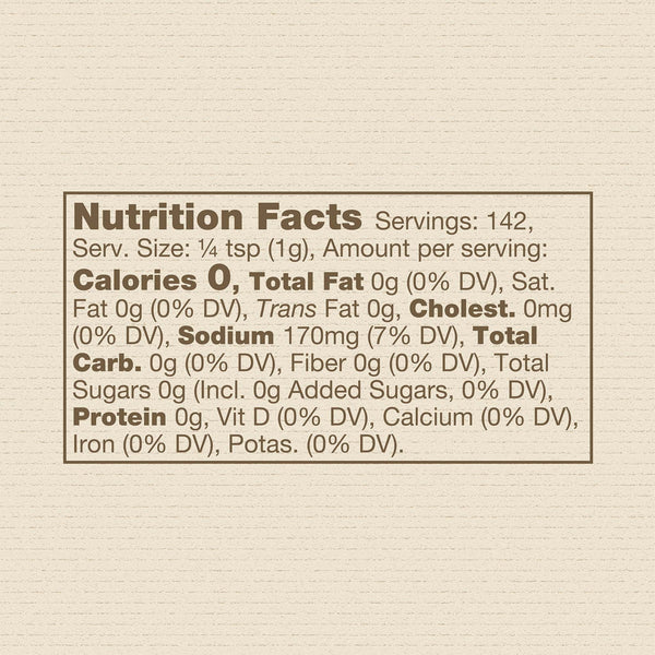 Back of the jar of Kunert Cattle Company: Steak Blend, containing the nutrition panel:
Serving size: ¼ tsp (1.0g).
142 servings per container.
Sodium, 170mg, 7% daily value.
All other nutrients + vitamins 0% daily value.
